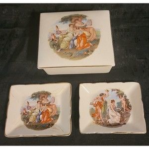 Sandlandware Staffordshire England Trinket Box & 2 Dishes Fragonard Boucher